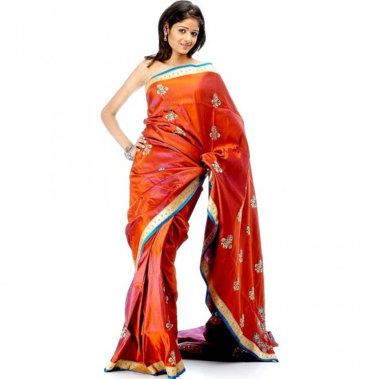 Rust and Purple Banarasi Sari with Brocaded Border and Large Woven Bootis