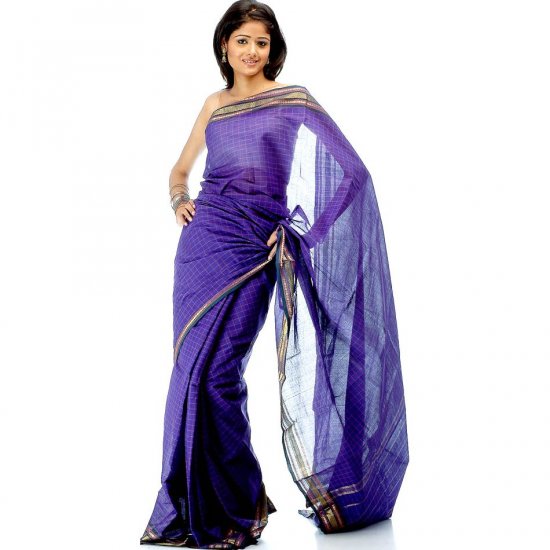 Indigo South Cotton Sari with Rudraksha Border and Checks