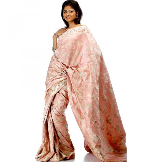 Pink Floral Jamdani Sari Hand-Woven in Banaras