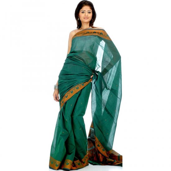 Green Baluchari Sari Hand-Woven in Bengal