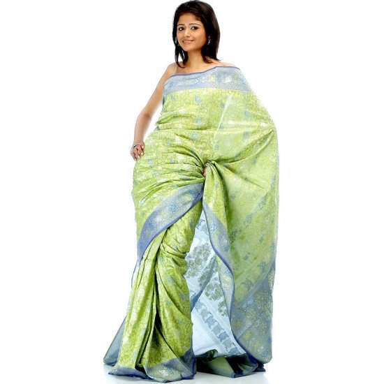 Lime and Blue Densely Woven Jamdani Floral Sari