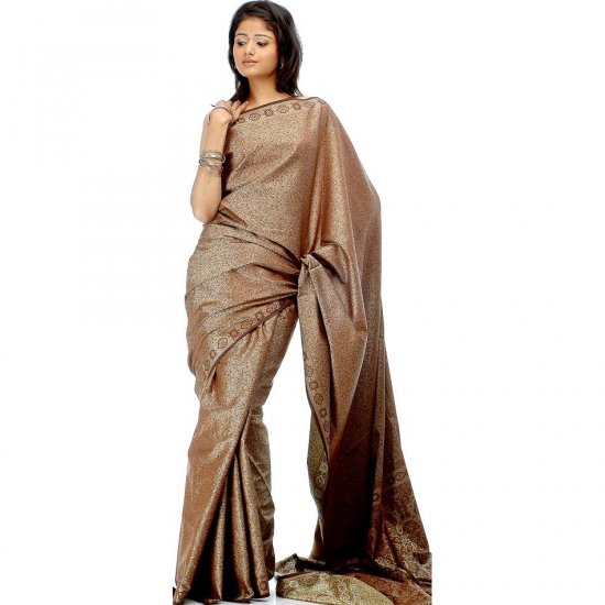 Brown Tanchoi Sari from Banaras with Dense Weave