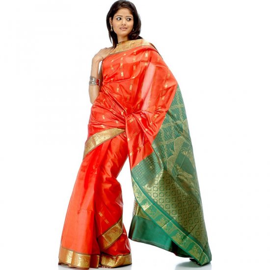 Orange and Green Sari with Yashoda Krishna Woven on Border