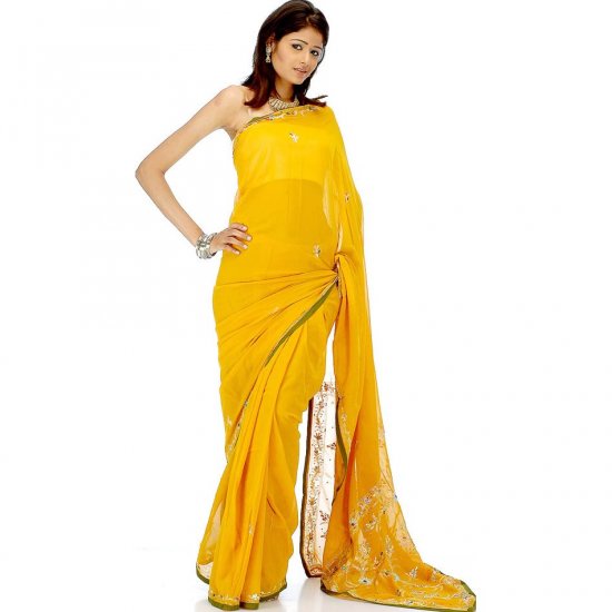 Mustard Sari with Beads and Threadwork