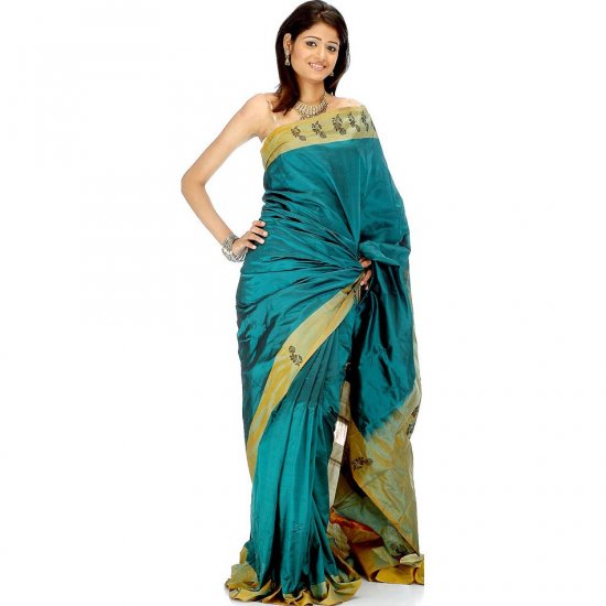 Sea-Green Bangalore Silk Sari with Flowers on Border