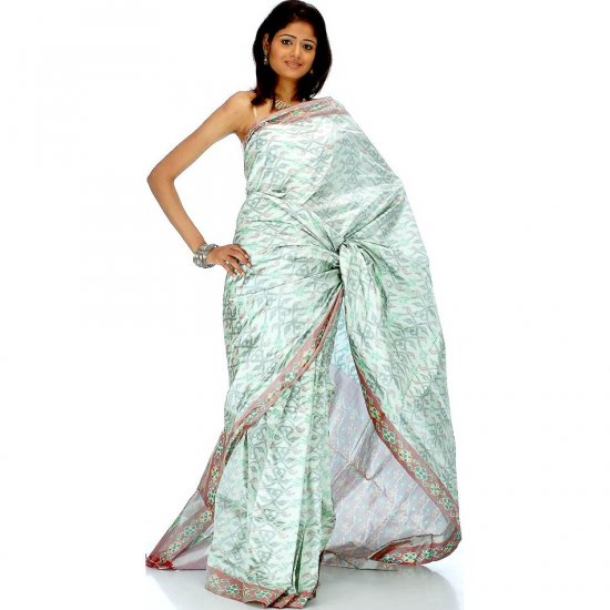 Tea-Green Ikat Sari Hand-woven in Pochampally Village