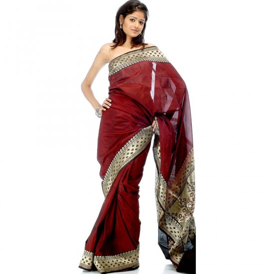 Handwoven Maroon Valkalam Banarasi Sari with Brocaded Border and Anchal