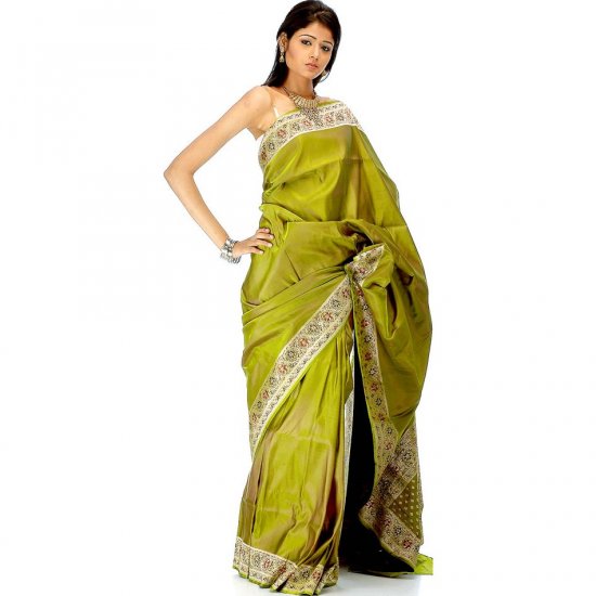 Olive-Green Satin Valkalam Sari with Floral Brocaded Border and Pallu