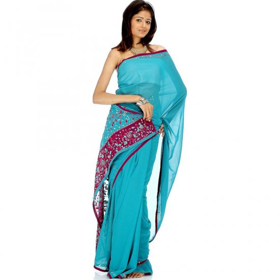 Sea-Green Sari with Sequins and Threadwork