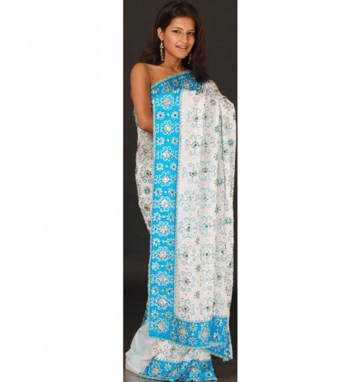 Water and Ice Bridal Sari with Dense Beadwork and Mirrors