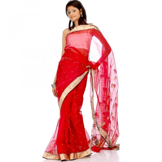 Bridal Red Chanderi Sari with All-Over Golden Bootis
