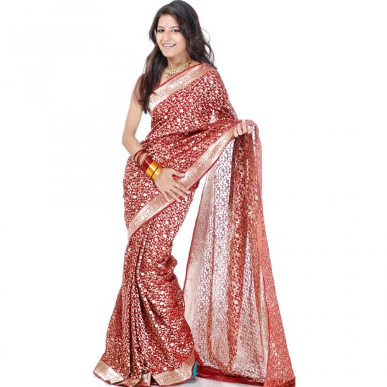 Maroon Bridal Banarasi Sari with All-Over Golden Weave