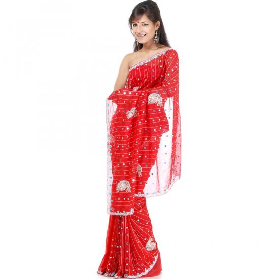 Red Bridal Sari with All-Over Mirrors and Sequins