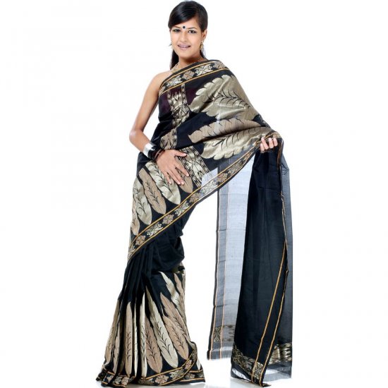 Black Valkalam Sari from Banaras with Khadi Weave