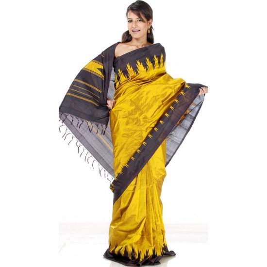 Golden Mustard and Black Temple Sari from Bangalore