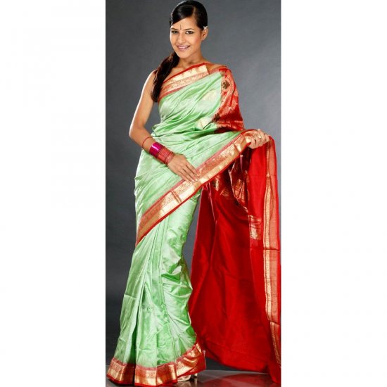 Tea Green and Red Kanjivaram Sari with Golden Thread Weave