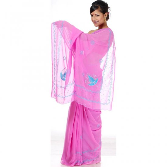 Ultra-Pink Sari with Turquoise Beads and Threadwork