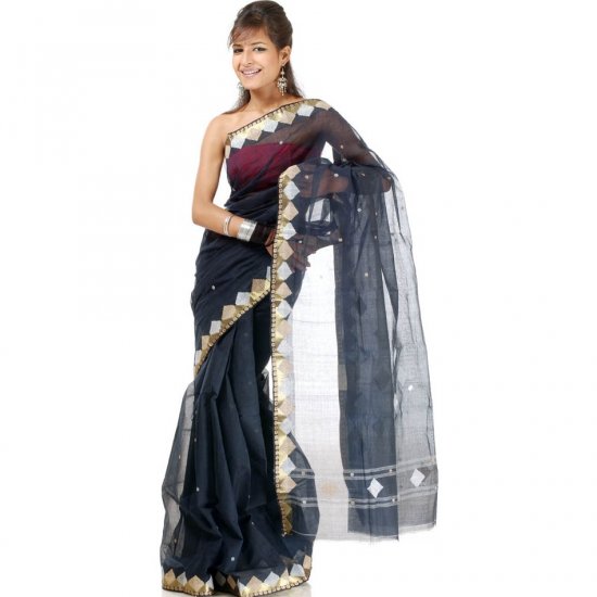 Black Hand-Woven Tengail Sari with Golden and White Thread Weave