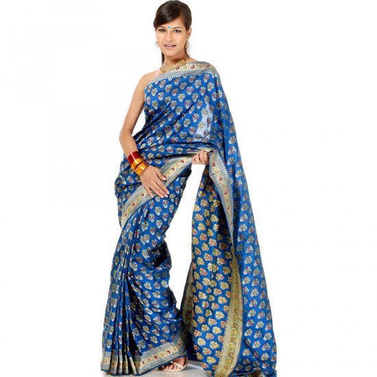 Cerulean Jamdani Banarasi Sari Handwoven with All-Over Floral Bootis