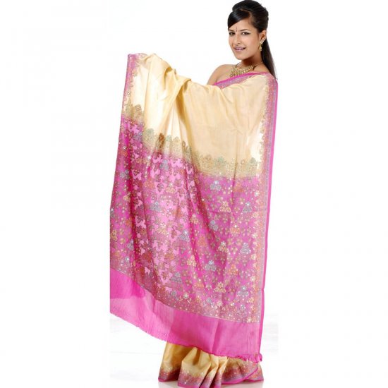 Plain Light Khaki Tussar Sari with Beads and Sequins