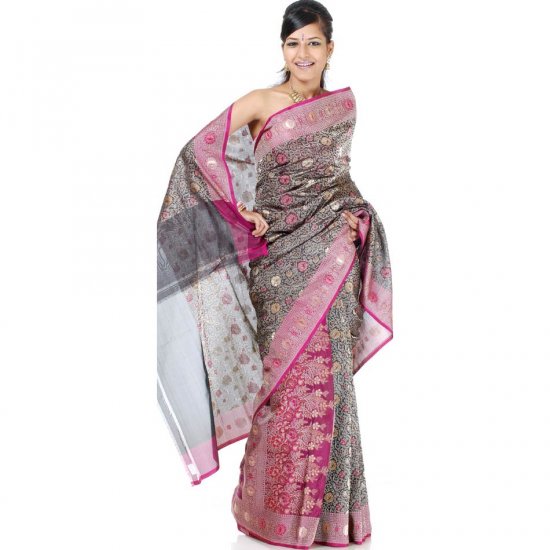 Black and Purple Densely Woven Jamdani Floral Sari