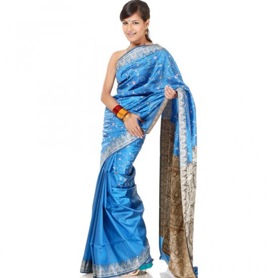 Cerulean Banarasi Sari with Embroidery on Anchal