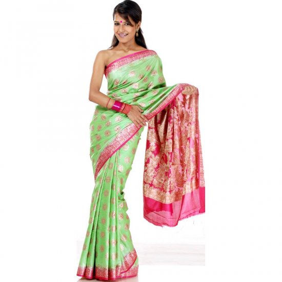 Lime Green and Fuchsia Sari with Painted Bootis and Crystals