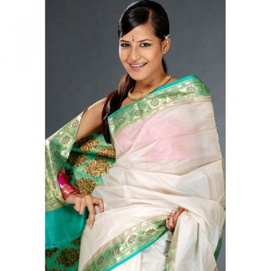 Plain Ivory Tussar Sari with Banarasi Brocade on Border and Pallu