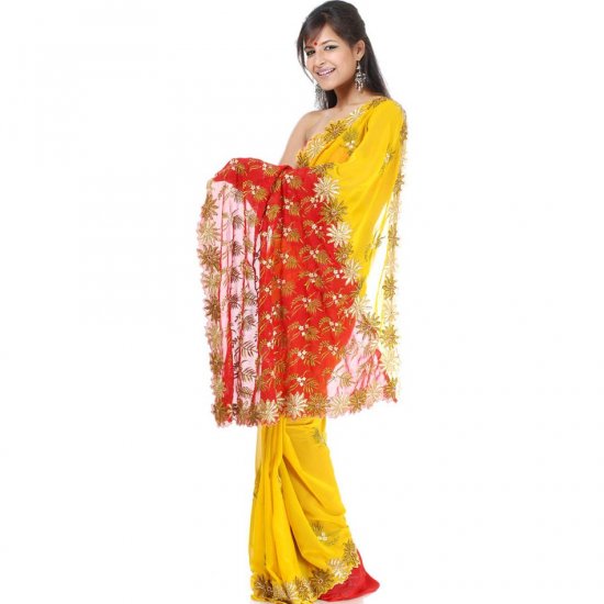 Mustard and Red Designer Sari with Ari Embroidery