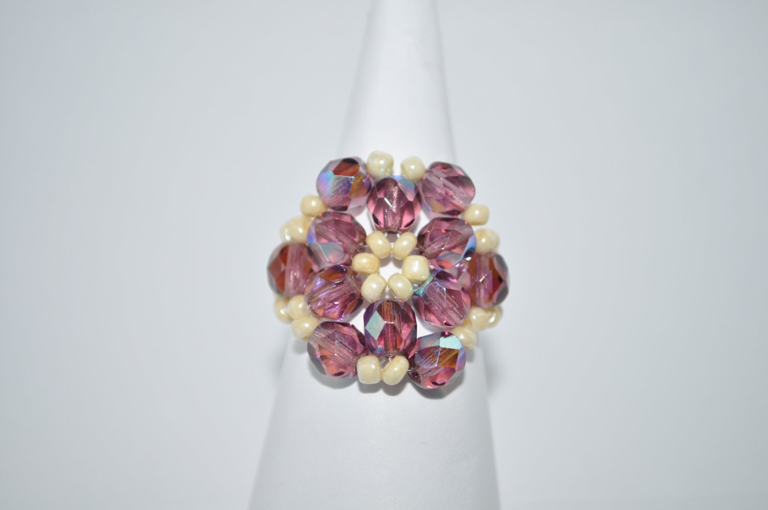 Amethyst and Cream Czech Glass Ring