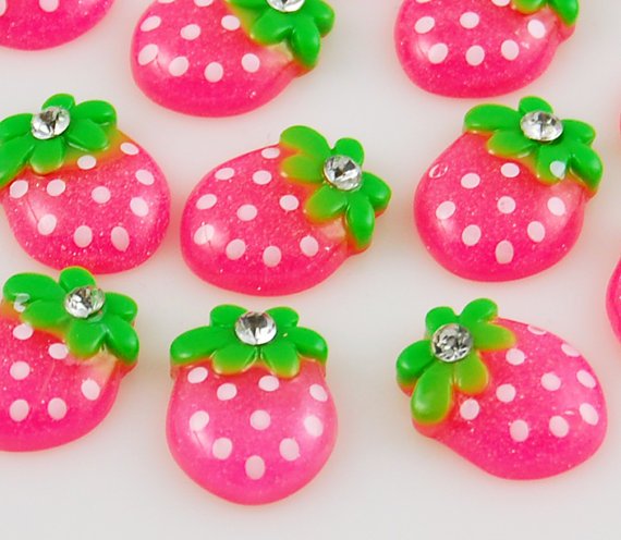 6 Pink Strawberry Resin Flatbacks + Rhinestone