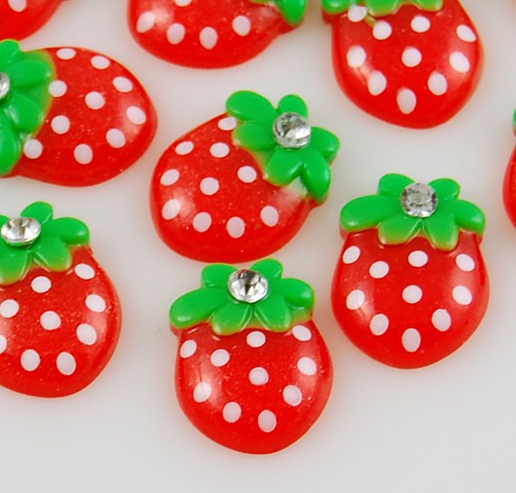 6 Red Strawberry Resin Flatbacks + Rhinestone