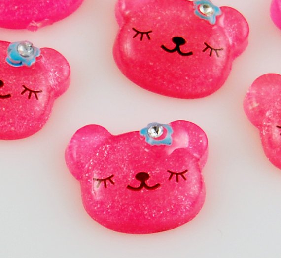 6 Dark Pink Bear Resin Cabochons
