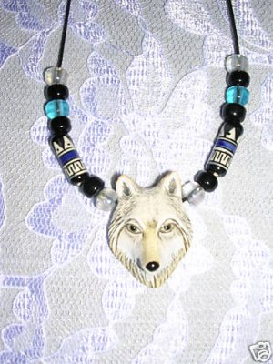 HAND PAINTED CERAMIC WOLF HEAD PENDANT w ACCENT BEADS ADJ NECKLACE