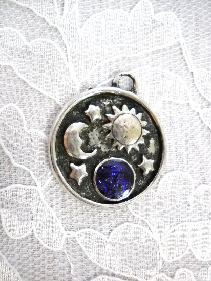 OUTER SPACE CELESTIAL BODIES - SUN & MOON w PURPLE PLANET & STARS PEWTER PENDANT NECKLACE