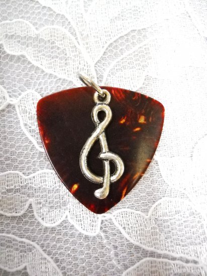 XL BROWN FENDER GUITAR PICK G CLEF MUSIC SYMBOL PENDANT NECKLACE