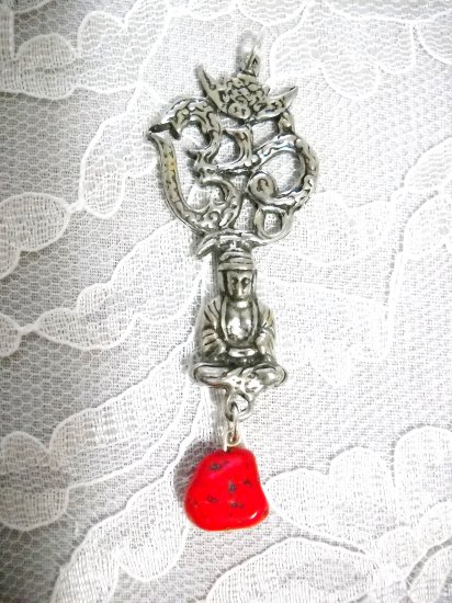CULTURAL OM / AUM w SPIRITUAL BUDDHA & RED DANGLING GEM PEWTER PENDANT ADJ NECKLACE POOJA