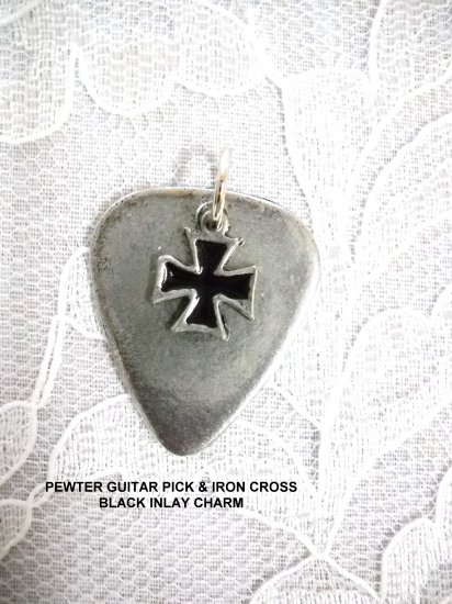 RIDER PEWTER GUITAR PICK & MALTESE IRON CROSS CHARM DOUBLE PENDANT ADJ NECKLACE
