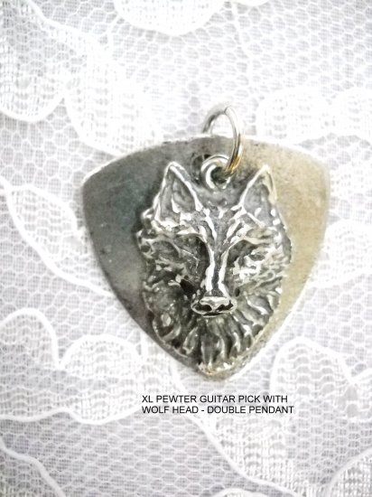 CAST PEWTER BASS GUITAR PICK & SPIRIT WOLF HEAD DOUBLE HAND CAST PENDANT NECKLACE