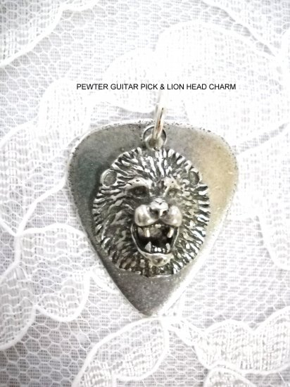 CAST PEWTER GUITAR PICK & LION HEAD CHARM DOUBLE PENDANT NECKLACE