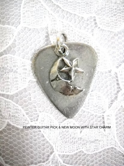 NEW PEWTER GUITAR PICK & NIGHT SKY CRESCENT MOON & STAR CHARM PEWTER PENDANT NECKLACE