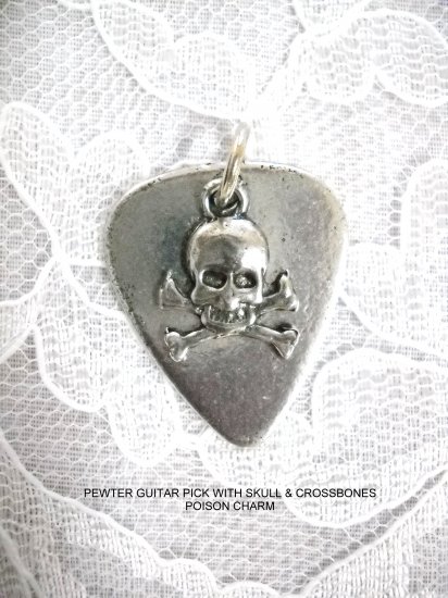 CAST USA PEWTER GUITAR PICK & POISON SYMBOL SKULL & CROSSBONE CHARM PENDANT NECKLACE