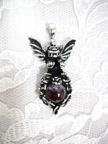 WILD LARGE GOTHIC PROTECTOR GARGOYLE w RED BALL PENDANT ADJ NECKLACE