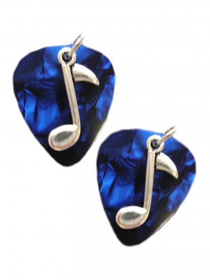 RICH DEEP BLUE REAL GUITAR PICKS w MUSIC NOTE CHARM MUSICAL EARRINGS