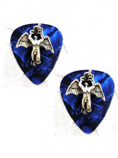 DEEP BLUE GUITAR PICK w SWAN SONG CELTIC ANGEL PEWTER CHARM EARRINGS