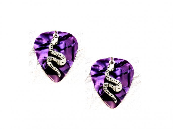 FUN MUSICAL DEEP PURPLE GUITAR PICK w SNAKE SERPENT CHARM EARRINGS