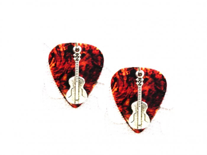 BROWN TORTOISE SHELL GUITAR PICK w CLASSIC GUITAR CHARM EARRINGS