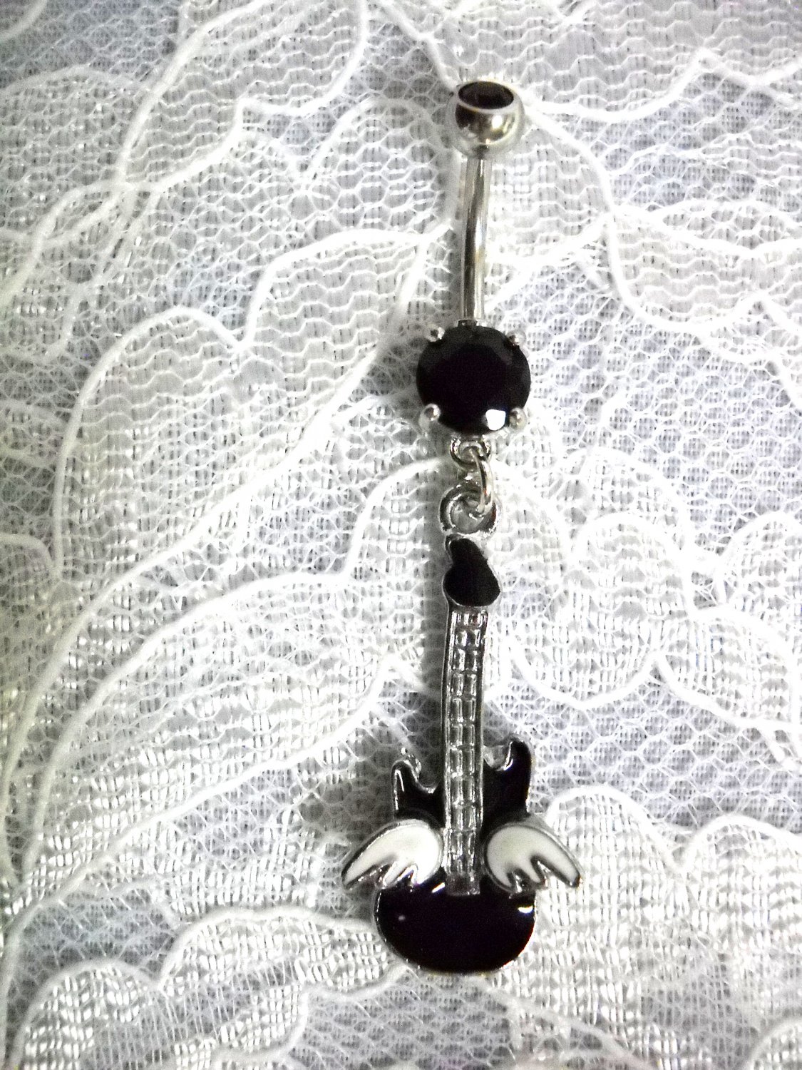 NEW MUSICAL BLACK w WHITE ANGEL WINGS GUITAR BELLY RING BLACK 14g CZ BARBELL NAVEL RING
