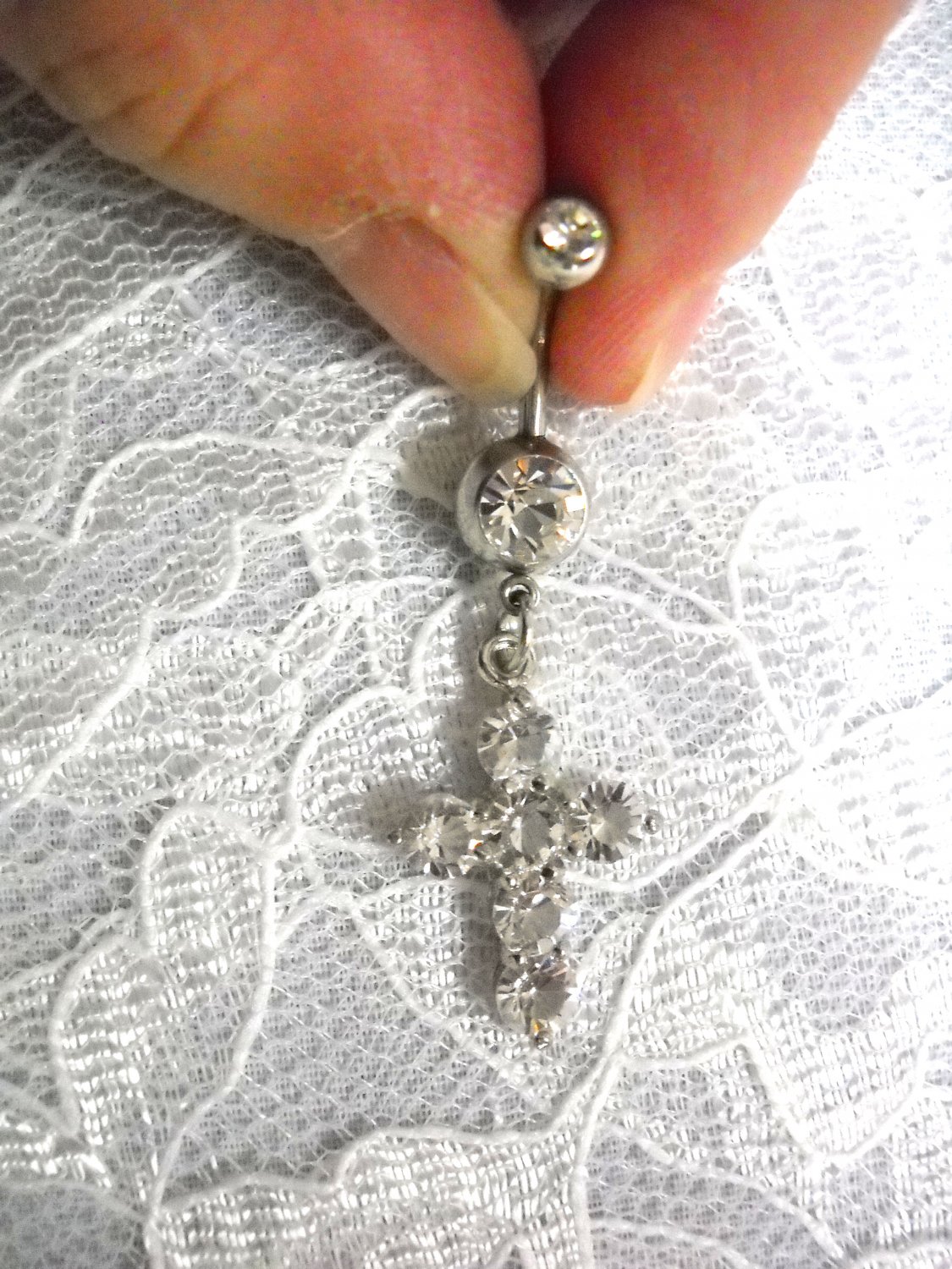 DAZZLING ELEGANT 6 STONE CLEAR CZ CROSS 14g DOUBLE CZ SS BELLY NAVEL RING