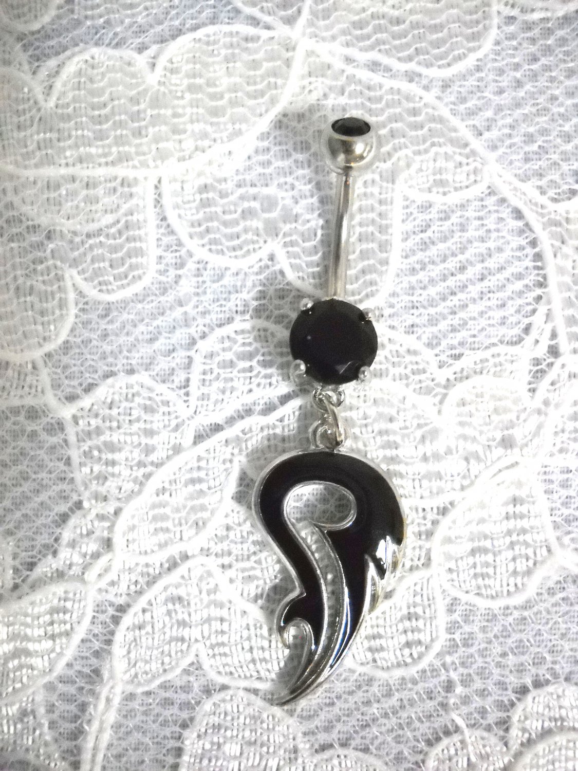 BLACK TRIBAL TATTOO w DOUBLE BLACK CZ BELLY BUTTON RING BODY PIERCING